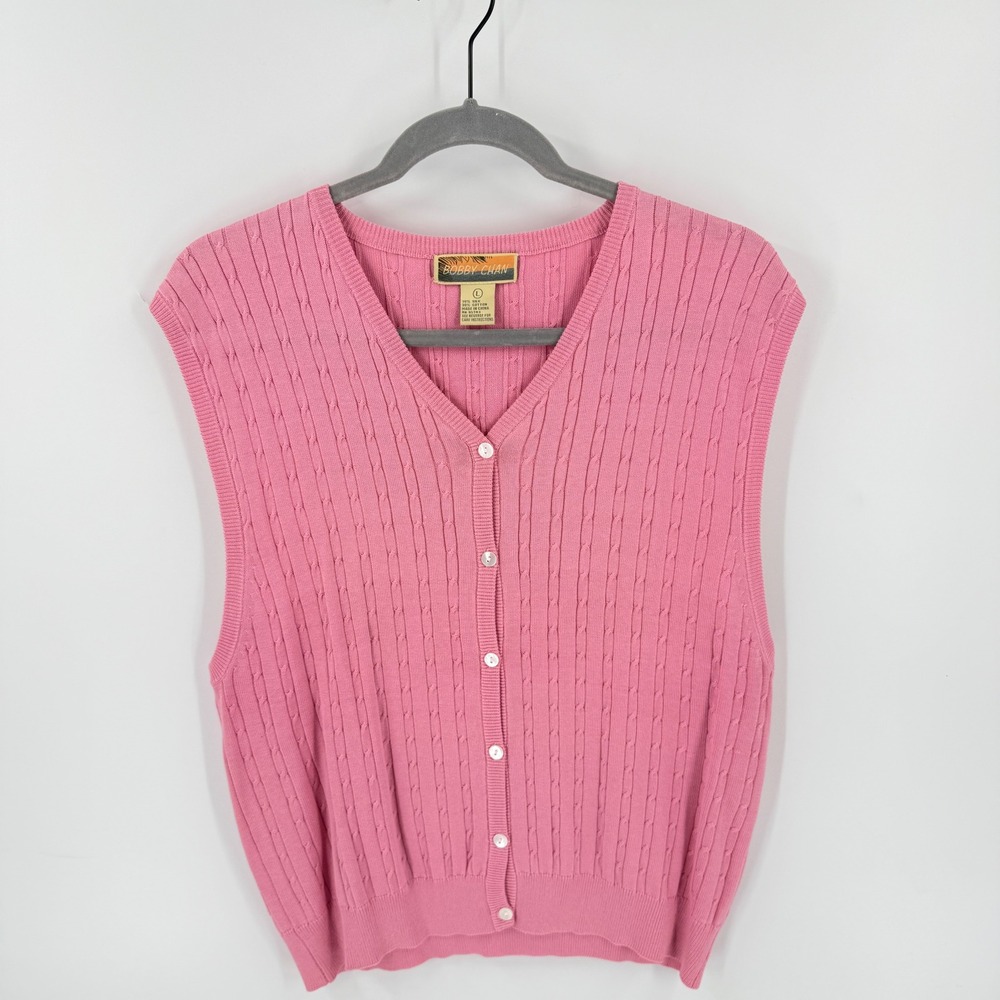 Vintage Pink Silk Blend Bobby Chan Sweater Vest Large Cable Knit Preppy‎ Coastal